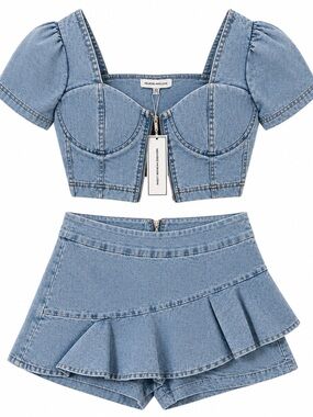 Melrose With Love Denim 2-Pc Corset Top & Ruffle Skort Set XS/S